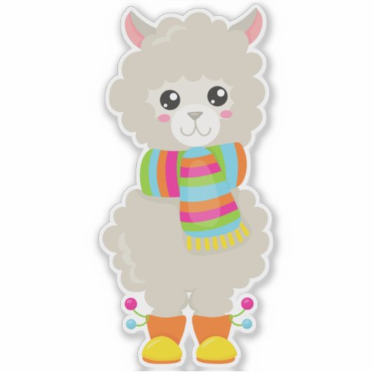 Cute Llama, Little Llama, Alpaca, Llama met Scarf Sticker (Voorkant)