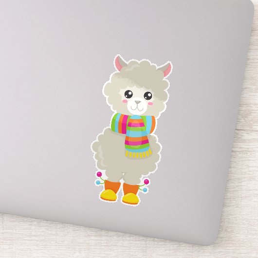 Cute Llama, Little Llama, Alpaca, Llama met Scarf Sticker (Detail)