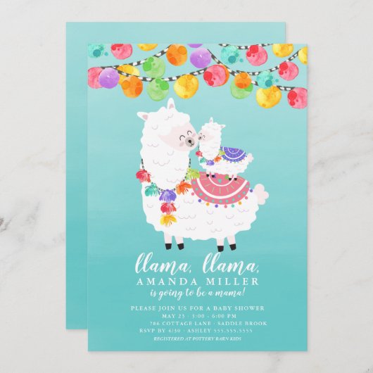 Cute Llama Mama Baby shower Invitation Kaart (Voorkant / Achterkant)