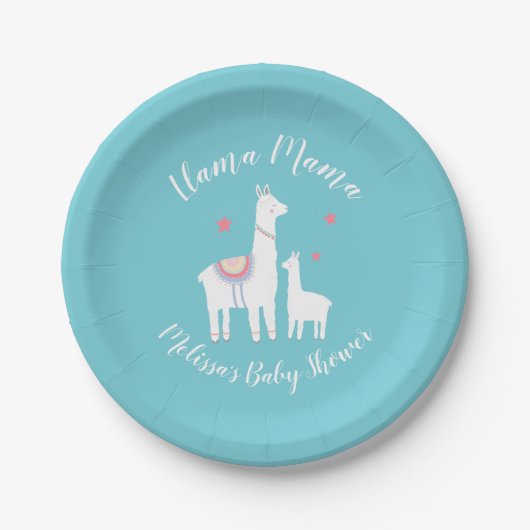 Cute Llama Mama Turquoise Baby shower Papieren Bordje (Voorkant)