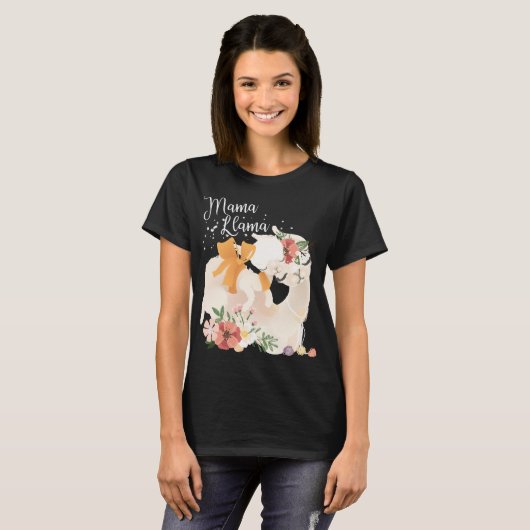 Cute llama mamma met baby lama en bloemen t-shirt (Voorkant volledig)