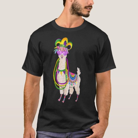 Cute Llama Mardi Gras Beads Mask Carnival Party Me T-shirt (Voorkant)