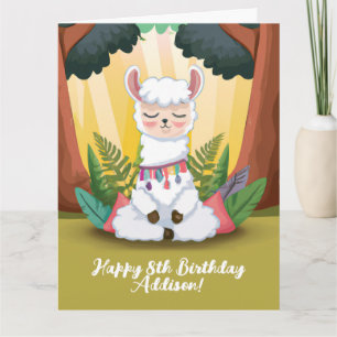 Cute Llama Meditating in Magical Forest Birthday Kaart