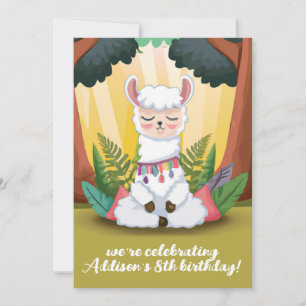 Cute Llama Meditating in Magical Forest Birthday Kaart