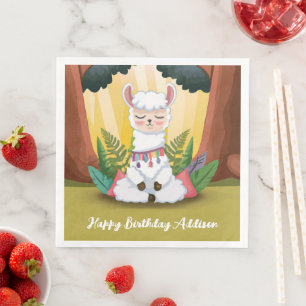 Cute Llama Meditating in Magical Forest Birthday Servet