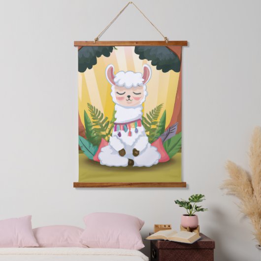 Cute Llama Meditating in Magical Forest Hangend Wandkleed (Slaapkamer)