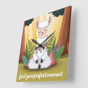 Cute Llama Meditating in Magical Forest Vierkante Klok