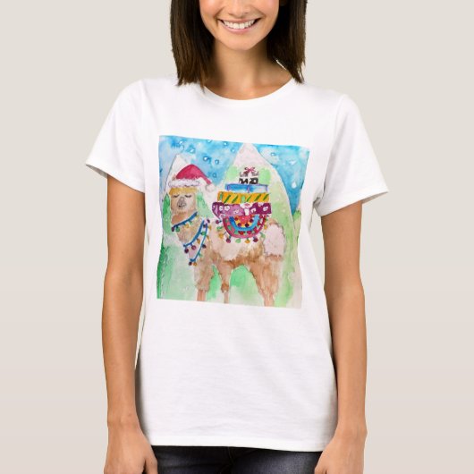 Cute Llama Merry kerstWaterverf art T-shirt (Voorkant)