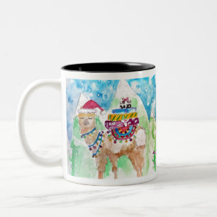 Cute Llama Merry kerstWaterverf art Tweekleurige Koffiemok