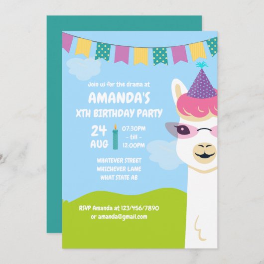 Cute Llama over de uitnodiging van de Birthday Par (Voorkant / Achterkant)