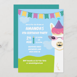 Cute Llama over de uitnodiging van de Birthday Par