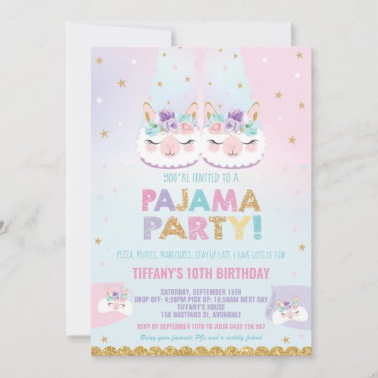 Cute Llama Pajama Birthday Party Sleepover Kaart (Voorkant)