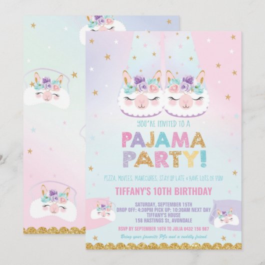 Cute Llama Pajama Birthday Party Sleepover Kaart (Voorkant / Achterkant)