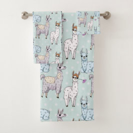 Cute Llama Pattern on Polka Dots Bad Handdoek