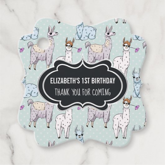 Cute Llama Pattern on Polka Dots Birthday Bedankjes Labels (Voorkant)