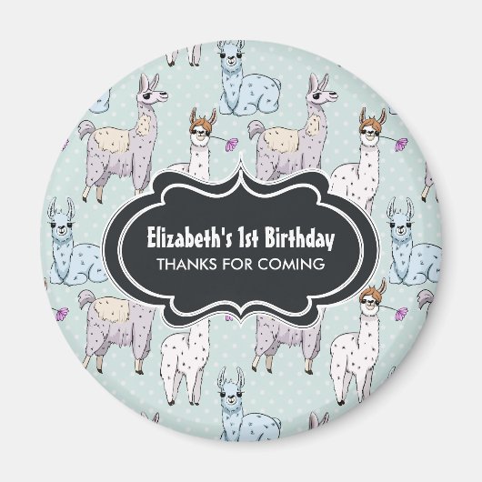 Cute Llama Pattern on Polka Dots Birthday Magneet (Voorkant)