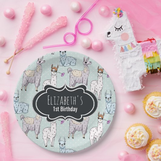 Cute Llama Pattern on Polka Dots Birthday Papieren Bordje (Feest)