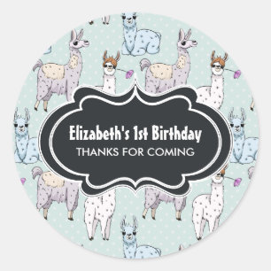 Cute Llama Pattern on Polka Dots Birthday Ronde Sticker