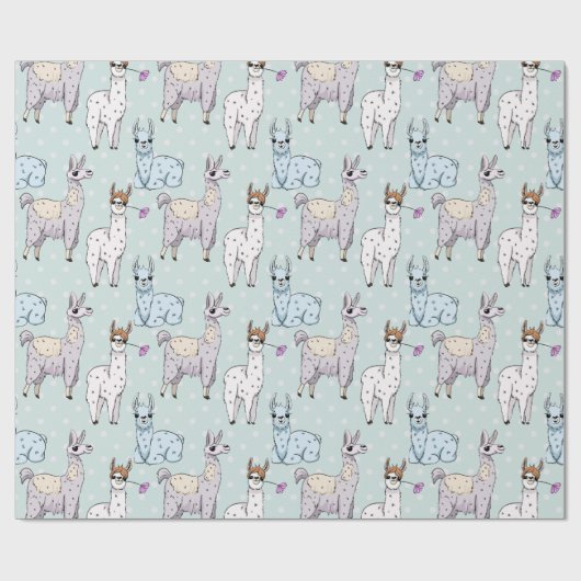 Cute Llama Pattern on Polka Dots Cadeaupapier (Vlak)