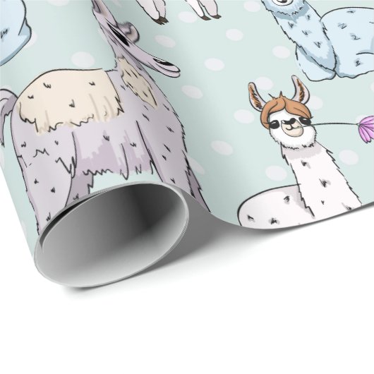 Cute Llama Pattern on Polka Dots Cadeaupapier (Rol Hoek)