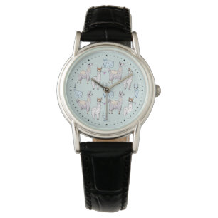 Cute Llama Pattern on Polka Dots Horloge