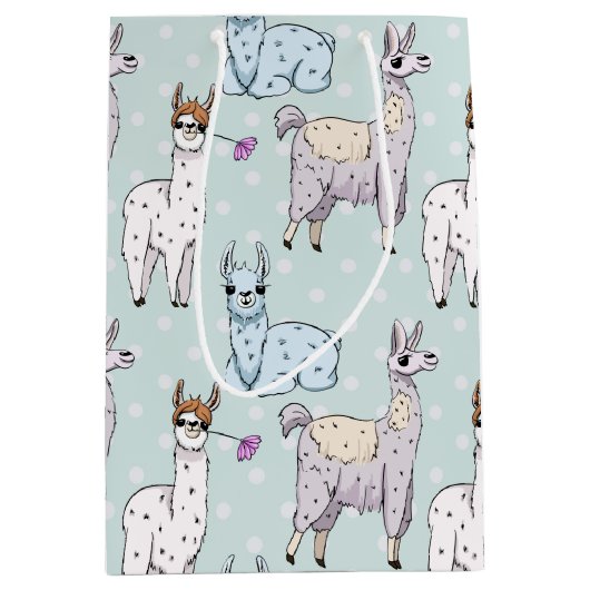 Cute Llama Pattern on Polka Dots Medium Cadeauzakje (Voorkant)