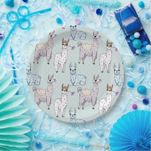 Cute Llama Pattern on Polka Dots Papieren Bordje (Feest)