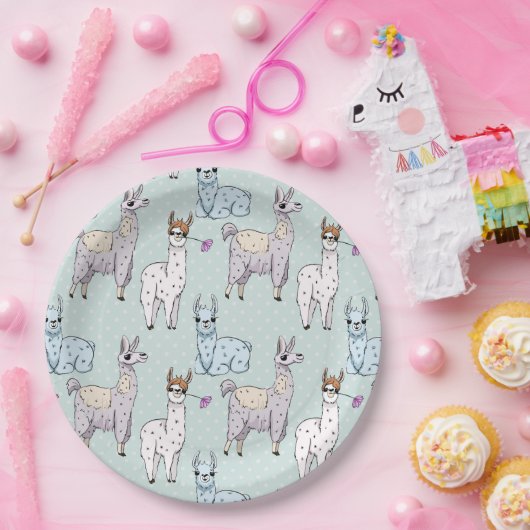 Cute Llama Pattern on Polka Dots Papieren Bordje (Feest)