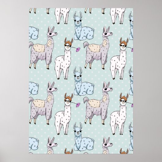 Cute Llama Pattern on Polka Dots Poster (Voorkant)