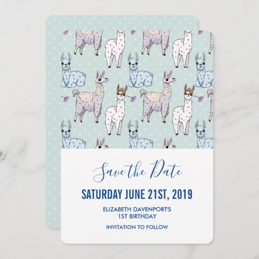 Cute Llama Pattern on Polka Dots Save The Date (Voorkant / Achterkant)