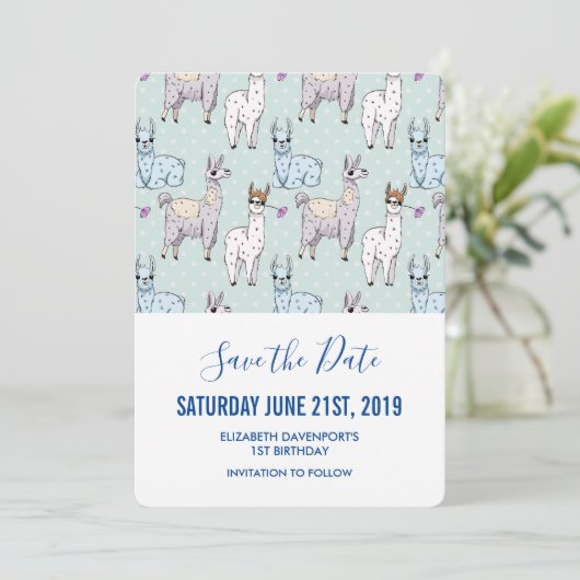 Cute Llama Pattern on Polka Dots Save The Date (Staand voorkant)