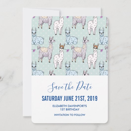 Cute Llama Pattern on Polka Dots Save The Date (Voorkant)