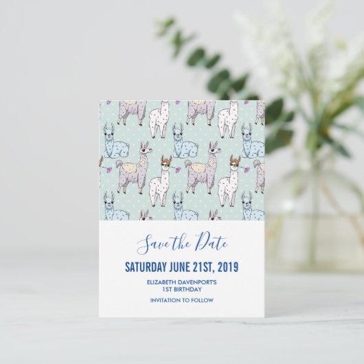 Cute Llama Pattern on Polka Dots Save the Date Briefkaart (Staand voorkant)