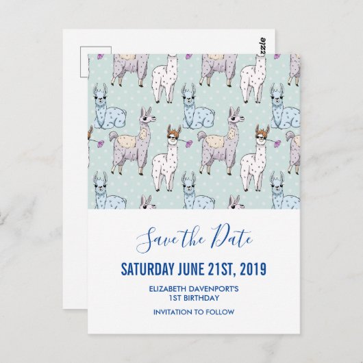 Cute Llama Pattern on Polka Dots Save the Date Briefkaart (Voorkant / Achterkant)