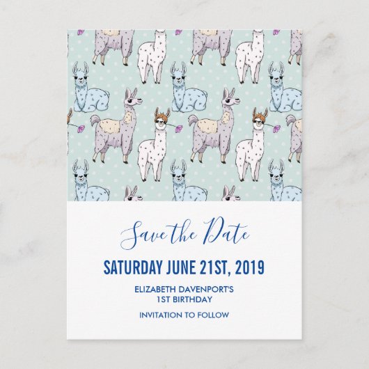 Cute Llama Pattern on Polka Dots Save the Date Briefkaart (Voorkant)