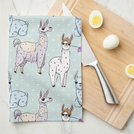 Cute Llama Pattern on Polka Dots Theedoek (Quarter Fold)