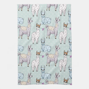 Cute Llama Pattern on Polka Dots Theedoek