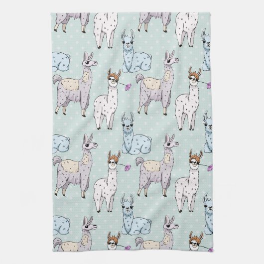 Cute Llama Pattern on Polka Dots Theedoek (Verticaal)