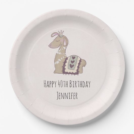 Cute Llama Princess Wearing a Crown Birthday Papieren Bordje (Voorkant)