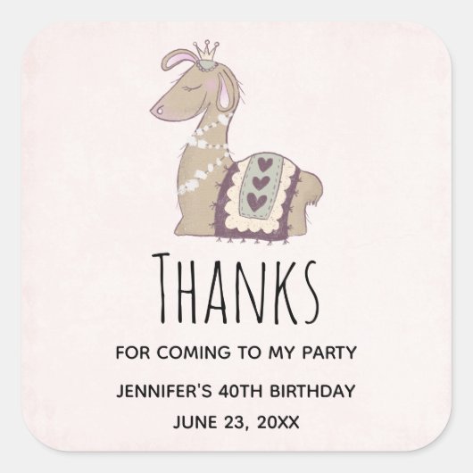 Cute Llama Princess Wearing a Crown Birthday Vierkante Sticker (Voorkant)