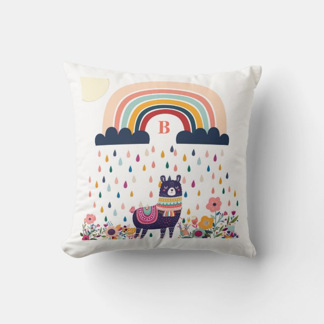 Cute Llama Rainbow Initiaal Monogram Kussen (Voorkant)