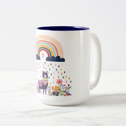 Cute Llama Rainbow Initiaal Monogram Tweekleurige Koffiemok (Voorkant rechts)