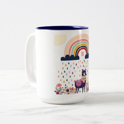 Cute Llama Rainbow Initiaal Monogram Tweekleurige Koffiemok (Voorkant links)