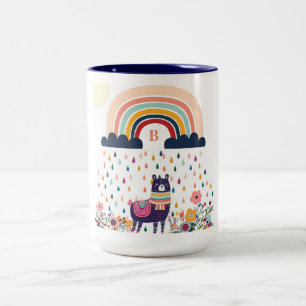 Cute Llama Rainbow Initiaal Monogram Tweekleurige Koffiemok