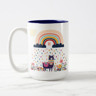 Cute Llama Rainbow Initiaal Monogram Tweekleurige Koffiemok
