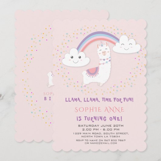 Cute Llama Rainbow Stars Blush First Birthday Kaart (Voorkant / Achterkant)