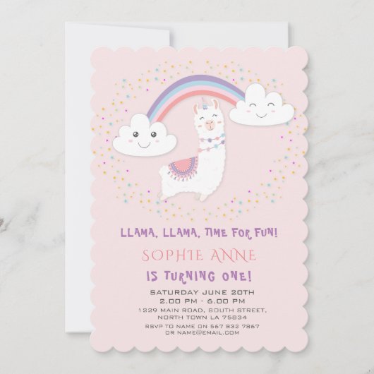 Cute Llama Rainbow Stars Blush First Birthday Kaart (Voorkant)