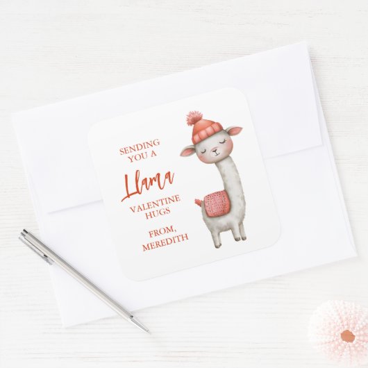 Cute Llama Valentine's Day Label, Valentine Vierkante Sticker (Envelop)