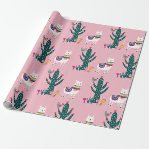 Cute Llama-vogel en cactus Cadeaupapier