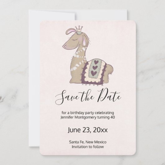 Cute Llama Wearing a Crown Birthday Save The Date (Voorkant)